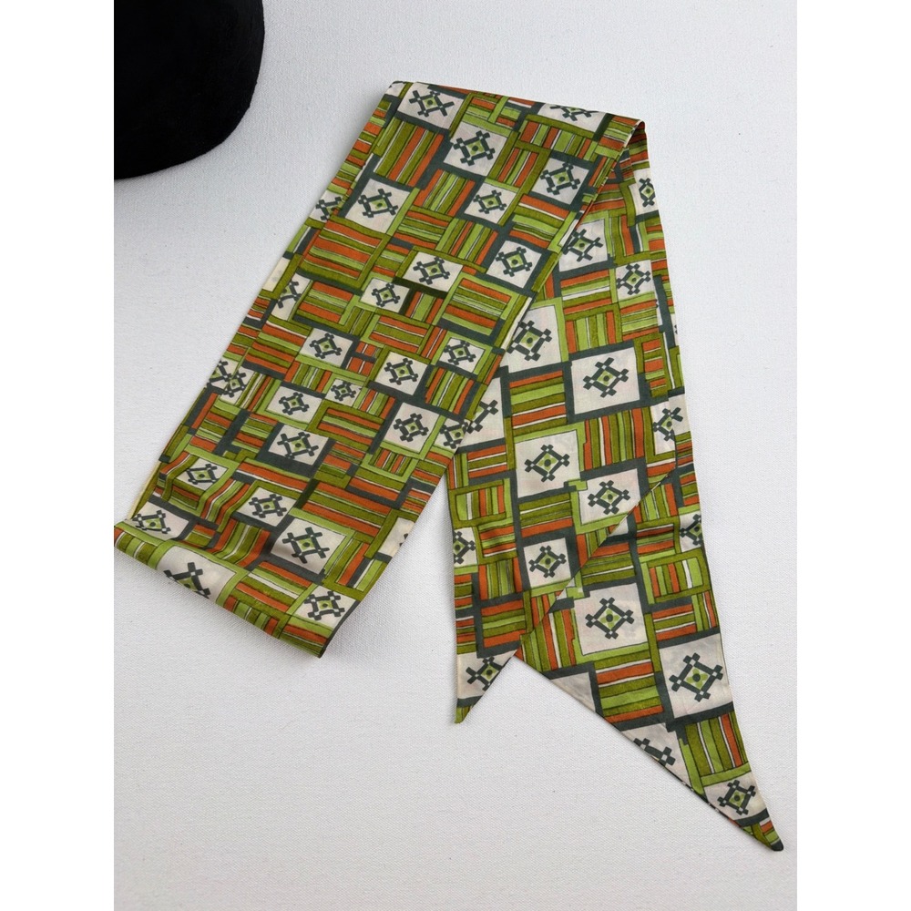 Vintage Scarf Green Orange Geometric Silk Twill Mod Retro 60s 70s